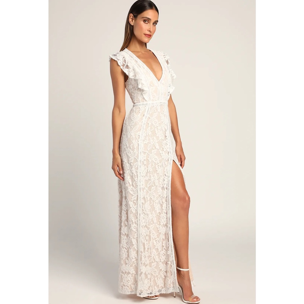 Lulus This Moment in Time White Floral Lace Ruffled V-Neck Maxi Dress NWT Medium - Picture 3 of 16